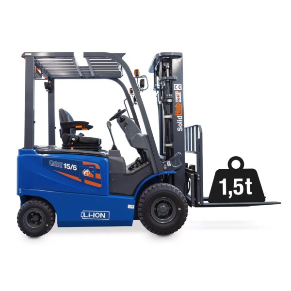 LI-ION Electric Forklift GSE15/5 with integrated charger, load capacity 1.500 kg, SolidHub